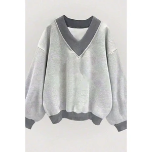 Kadın Lightgri Düz V Yakalı Oversize Sweatshirt