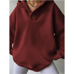 Kadın 3 Iplik Bordo Relax Yaka Detay Oversize Kapüşonlu Sweatshirt