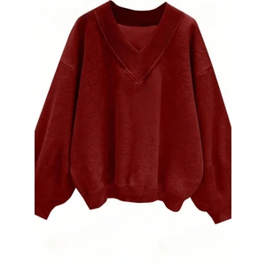 Kadın 3 Iplik Kırmızı Düz V Yaka Oversize Sweatshirt