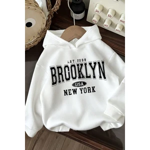 3 Iplik Beyaz Oversize Brooklyn Usa Newyork Baskılı Kapüşonlu Sweatshirt Hoodie
