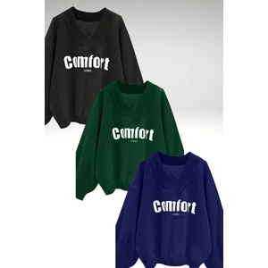 Kadın 3 Iplik Siyah Yeşil Lacivert 3'lü Comfort In Paris Baskılı V Yaka Oversize Sweatshirt