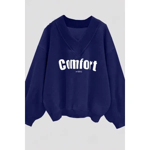 Kadın 3 Iplik Lacivert Comfort In Paris Baskılı V Yaka Oversize Sweatshirt