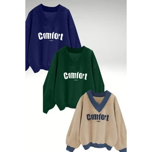 Kadın 3 Iplik Lacivert Yeşil Vizon 3'lü Comfort In Paris Baskılı V Yaka Oversize Sweatshirt