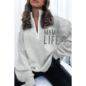 Kadın Grimenaj Mama Life Baskılı Oversize Yarım Fermuarlı Sweatshirt