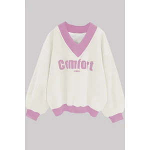 Kadın 3 Iplik Beyaz Comfort In Paris Baskılı V Yaka Oversize Sweatshirt