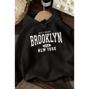 Siyah Oversize Brooklyn Usa Newyork Baskılı Kapüşonlu Sweatshirt Hoodie