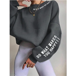 Kadın Füme Do What Makes Baskılı Oversize Bisiklet Yaka Sweatshirt