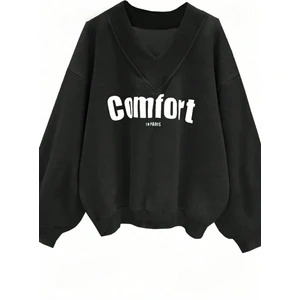 Kadın Siyah Comfort In Paris Baskılı V Yaka Oversize Sweatshirt