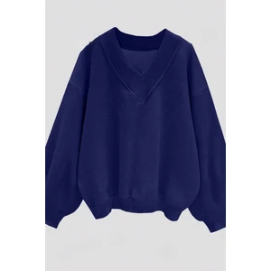 Kadın Lacivert Düz V Yaka Oversize Sweatshirt