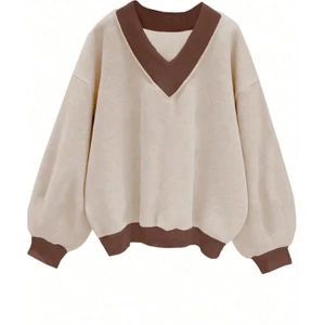 Kadın 3 Iplik Bej Düz V Yaka Oversize Sweatshirt