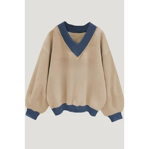 Kadın 3 Iplik Vizon Düz V Yaka Oversize Sweatshirt