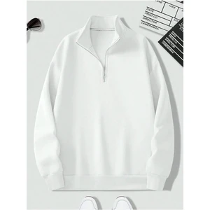 3 Iplik Beyaz Metal Fermuarlı Dik Yaka Oversize Sweatshirt