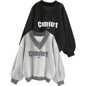 Kadın Lightgri-Siyah 2'li Comfort In Paris Baskılı V Yaka Oversize Sweatshirt