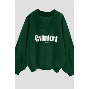 Kadın 3 Iplik Yeşil Comfort In Paris Baskılı V Yaka Oversize Sweatshirt