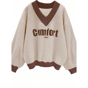 Kadın 3 Iplik Bej Comfort In Paris Baskılı V Yaka Oversize Sweatshirt
