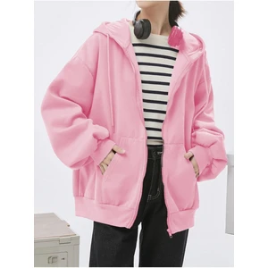 Kadın 3 Iplik Pembe Kapüşon Detay Fermuarlı Hırka