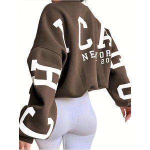 Kadın 3 Iplik Kahvrengi Kolları Chicago Baskılı Oversize Bisiklet Yaka Sweatshirt