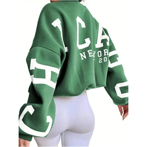 Kadın 3 Iplik Nefti Yeşili Kolları Chicago Baskılı Oversize Bisiklet Yaka Sweatshirt