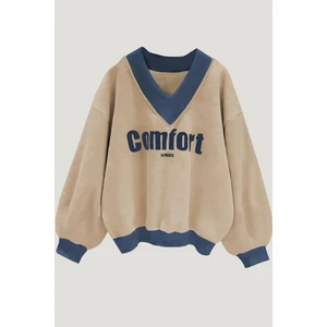Kadın 3 Iplik Vizon Comfort In Paris Baskılı V Yaka Oversize Sweatshirt
