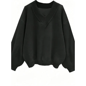 Kadın Siyah Düz V Yaka Oversize Sweatshirt