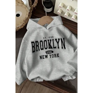 Gri Oversize Brooklyn Usa Newyork Baskılı Kapüşonlu Sweatshirt Hoodie
