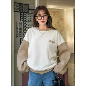 Kadın Beyaz Enough Baskılı Bej Kol Detay Oversize Sweatshirt