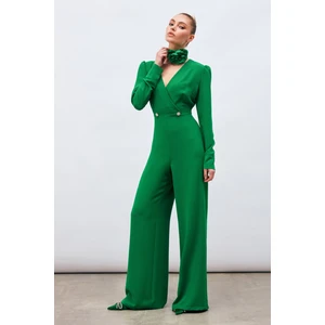 Kruvaze Süs Taşlı Krep Tulum - Yeşil