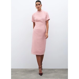Dik Yaka Tüvit Elbise - Pudra