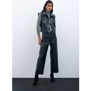 Fermuarlı Deri Yelek - Siyah