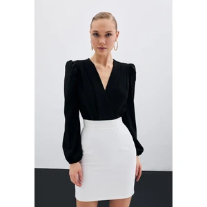 447-1009 Siyah Kadın Kruvaze Bodysuit Bluz