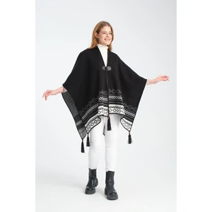 Vega Moda Etnik Desenli Panço, Balıkçı Dikişli Düğme Detaylı Panço, Dış Giyim Panço, Triko Örğü Şık Panço