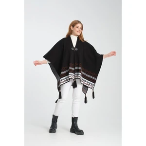 Vega Moda Etnik Desenli Panço, Balıkçı Dikişli Düğme Detaylı Panço, Dış Giyim Panço, Triko Örğü Şık Panço