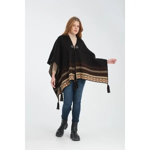 Vega Moda Etnik Desenli Panço, Balıkçı Dikişli Düğme Detaylı Panço, Dış Giyim Panço, Triko Örğü Şık Panço