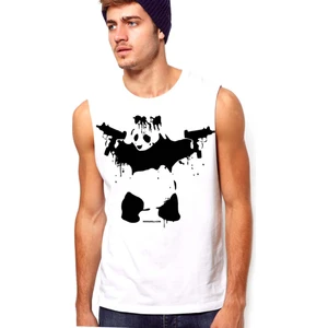 Uzi Tabancalı Panda Beyaz Kesik Kol / Kolsuz Erkek T-Shirt