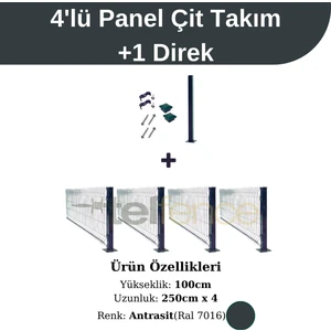 4 'lü Panel Çit Takım 100X250 cm Çift Telli Antrasit + 1 Direk Avantaj Paketi (10 Metre)