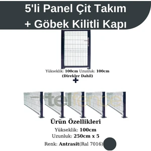 5 ‘li Panel Çit Takım Antrasit (12.5 Mt) + Panel Çit Göbek Kilitli Kapı Avantaj Paketi