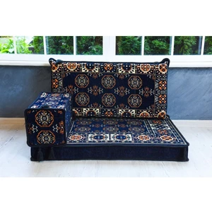 Bakırözü Home Şark Köşesi Takımı , 95  cm  Yer Minderi Takımı (Sünger Dahil) Lacivert Buhara Modeli (3 Parça)
