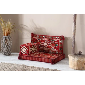 Bakırözü Home Şark Köşesi Takımı , 95  cm  Yer Minderi Takımı (Sünger Dahil) Anadolu Kırmızı Modeli (3 Parça)