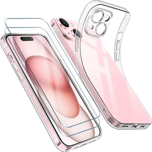 iPhone 15 Plus Şeffaf Silikon Kılıf + 2 Adet Cam Ekran Koruyucu Seti