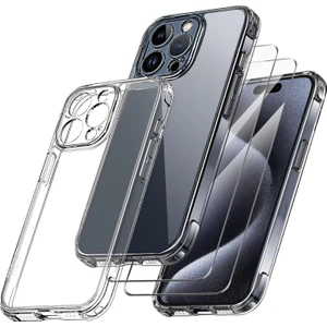 iPhone 15 Pro Şeffaf Silikon Kılıf + 2 Adet Cam Ekran Koruyucu Seti
