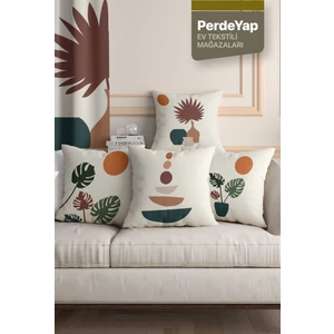 Renkli Tropikal Vazo ve Yaprak Desenli 4'lü Dijital Baskılı Kırlent Kılıfı 43 x 43 cm Krem