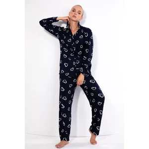Gömlek Yaka Süet Dokulu Kadın Alt Üst Pijama Takımı Lacivert