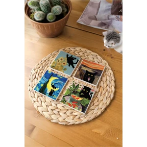 Atölye Sanat ve Kedi Temalı Bardak Altlığı 4’lü Set Doğal Taş (10X10 Cm)