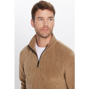 Erkek Standart Fit Rahat Kesim Tüylenme Yapmayan Soğuk Geçirmez Haki Dik Yaka Polar Sweatshirt