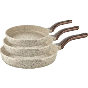 Oms Collection Wave - 3738 - 3 Parça Biogranit, Döküm, Grill Özellikli, Ergonomik Saplı, Tava Seti Kum Beji