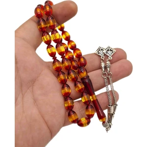 Han Ticarethane Sarı Kırmızı Renk Sürmeli Toz Kehribar Tesbih