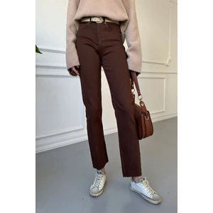 Kesik Paça Boyfit Jean- Kahverengi