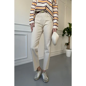 Kesik Paça Boyfit Jean- Ekru