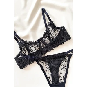 Mendoza Store Barbie Düz Siyah Çiçek Nakış Işlemeli Dantelli Balenli Bralet Takım