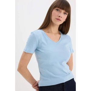 Slim Fit Dar Kesim V Yaka Basic Düz Ribana Kısa Kollu Tişört I1080AZ25SP